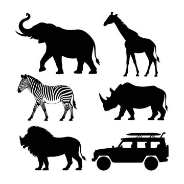 Black silhouettes of safari animals and vehicle on transparent background