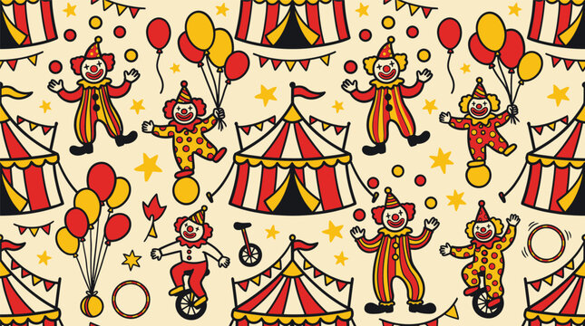 Seamless Pattern with Circus Tents Clowns and Balloons Illustration