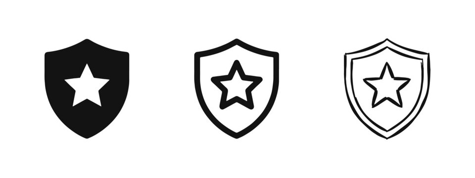 Security and protection shield icon set with a star in different art styles.