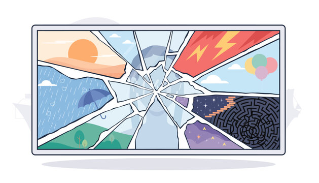 Cracked Mirror Reflecting Abstract Fragmented Landscapes Illustration