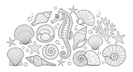 Collection of Hand Drawn Seashells and Seahorse Illustration. © Fahmii