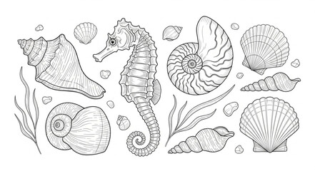 Collection of Hand Drawn Seashells and Seahorse Illustration. © Fahmii