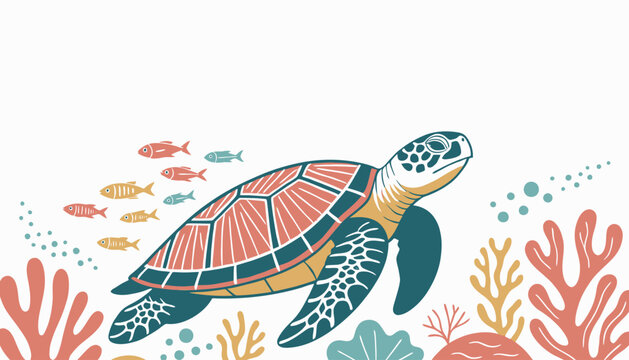 Turtle Swimming in Coral Reef Flat Vector Illustration Design