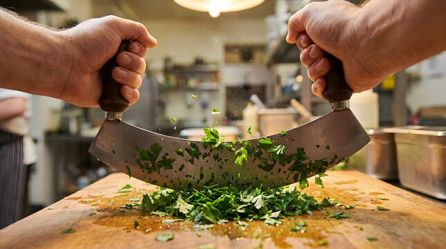 professional chef chopping fresh parsley with mezzaluna knife | first person view of hands mincing green herbs on wooden board | commercial kitchen food preparation of fresh ingredients