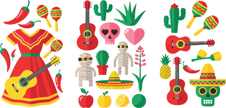 Mexican culture cartoon vector illustration set featuring mariachi guitars sombrero cactus chili peppers and festive traditional elements