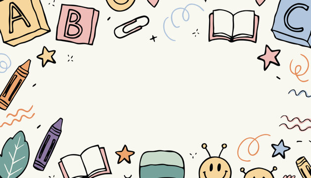 Playful kids learning border with toys and school stationery