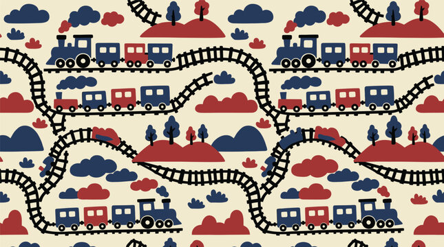 Seamless Pattern with Cartoon Trains and Tracks on Hill Landscape Background