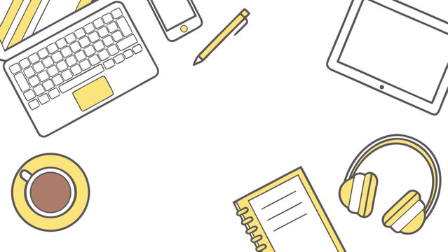 Top view of office desk with laptop, smartphone, tablet, coffee, and headphones on white background