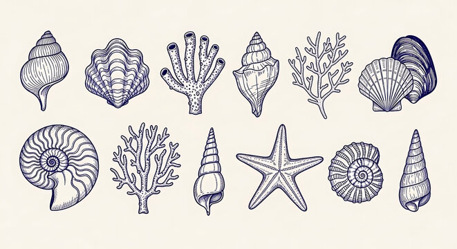 Detailed hand drawn illustrations of various sea shells starfish coral and fossilized ammonite in a vintage sketch style with starfish ammonite collection illustration nautical underwater