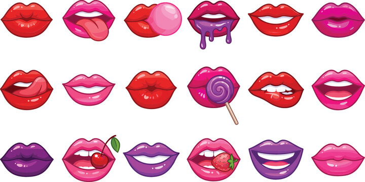 Glossy Cartoon Lips Vector Collection Featuring Sexy Female Mouth Expressions with Candy Tongue Bubblegum and Makeup Fashion Elements