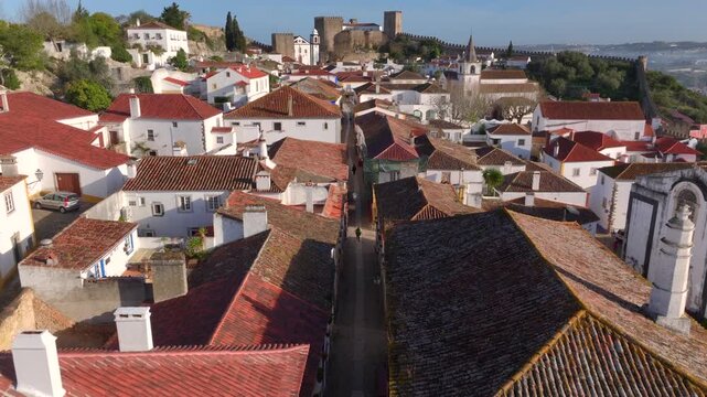 Obidos Castle At Obidos In Leiria Portugal. Historical Village. Medieval Castle. Aerial of Obidos, Portugal at Sunny Day