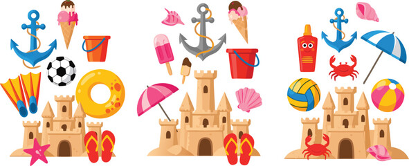 Summer beach vacation vector illustration set featuring sandcastles umbrellas ice cream anchors and tropical holiday elements © Yevhenii creative