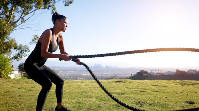Mixed ethnicity (Asian-African) woman exercising in the park. The Los Angles skyline can be seen in the distance.