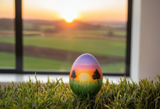 Handmade Easter egg painted with a beautiful rural landscape at sunset