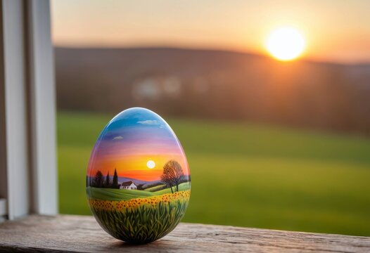 Handmade Easter egg painted with a beautiful rural landscape at sunset