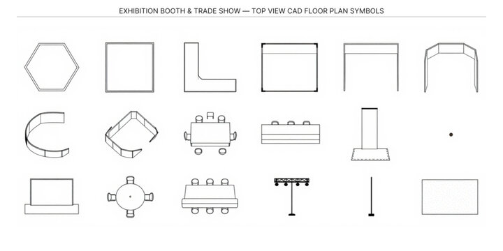 Exhibition booth and trade show symbols, architectural top view vector icons, modular displays, seating zones, commercial event layouts