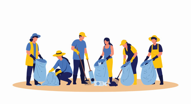 Diverse Group of Volunteers Cleaning Up Trash and Plastic Waste Vector Illustration