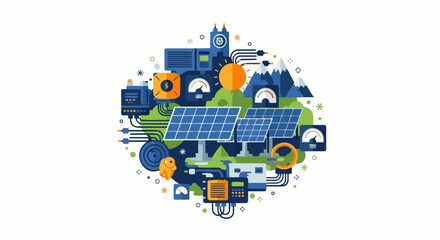 Fototapeta premium Renewable Solar Energy Concept Illustration with Solar Panels, Sun, and Smart Grid Infrastructure in Flat Design