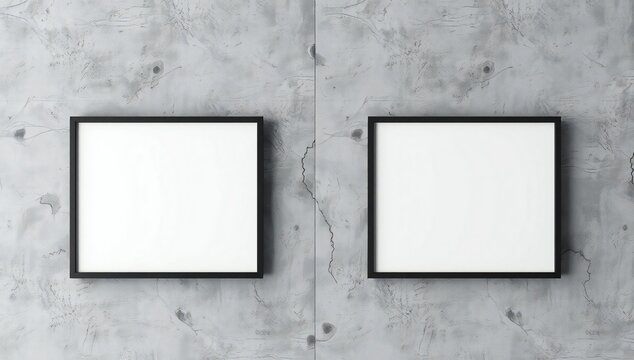 Two empty black picture frames displayed on a rustic grey concrete wall for artistic mockups
