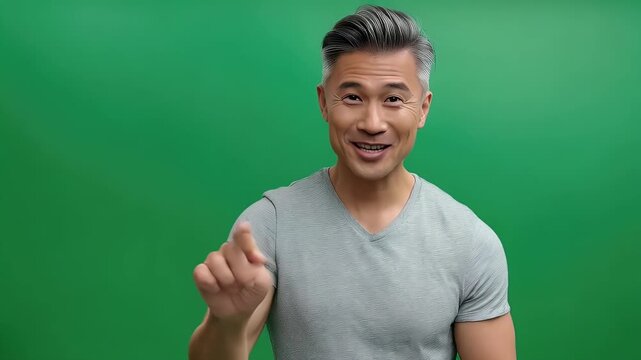 Man points left on green screen