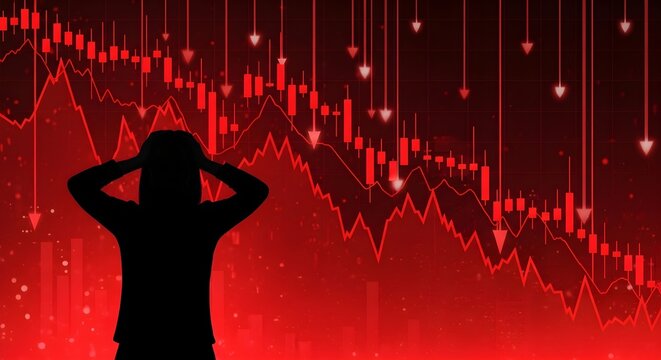 Market crash concept with distressed person silhouette and falling red financial charts