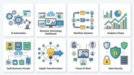 Fototapeta premium A collection of eight modern business and technology concept illustrations, including AI automation, data analytics, workflow systems, and digital transformation.