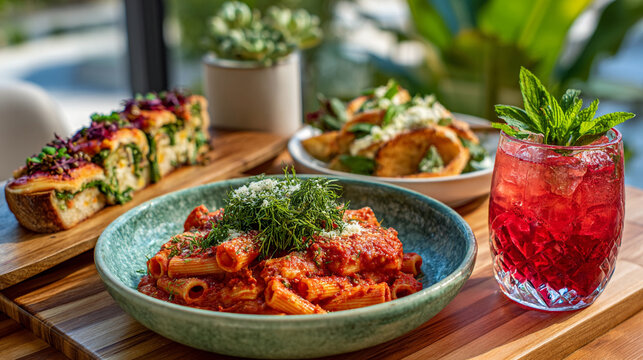Delicious rigatoni pasta dish with fresh herbs and a red cocktail restaurant food red drink