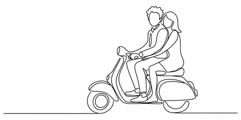 Couple riding a vintage scooter one line drawing © Vector