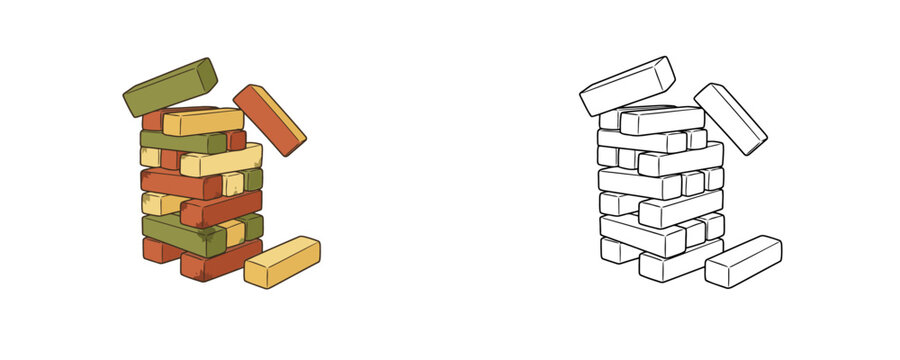 Wooden block tower board game in cartoon and line styles featuring green orange and yellow colors used for backyard leisure and strategy