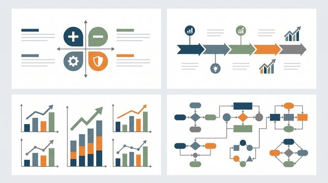 Collection of business infographic templates featuring various data visualization charts, graphs, timelines, and flowcharts for presentations and reports.