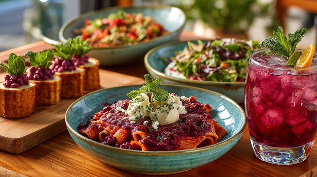 Richly colored rigatoni pasta with creamy topping and red berries, alongside small appetizers
