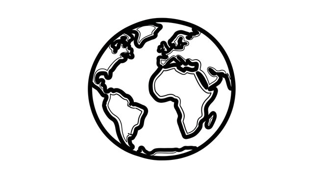 Black and white outline icon of planet earth with geography international environment worldview connection scientific continental earthscope universal
