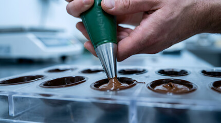 Obraz premium Professional pastry chef piping chocolate filling | Handmade artisan chocolate truffle production | Close up of chocolatier filling candy molds | Gourmet confectionery making process