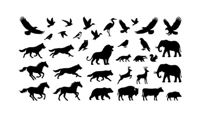 Monochrome wildlife silhouette icons with flying birds and active animal poses © ShanjidaAkter