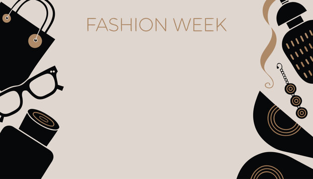 Fashion week vector illustration with cosmetics, eyewear, and stylish accessories