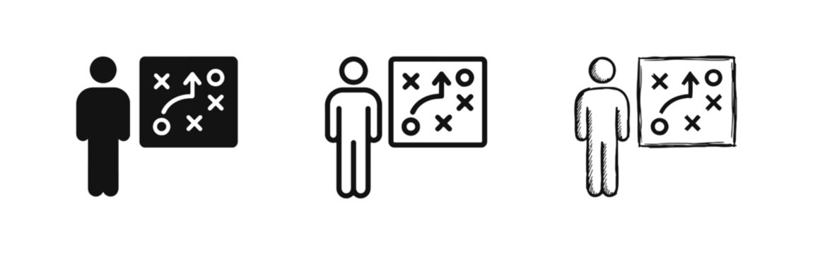 Business Strategy Planning Icon Set in Solid Outline and Hand-Drawn Styles