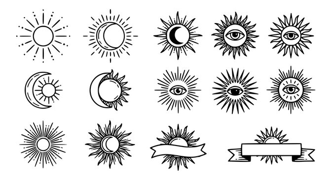 Collection of sun and moon illustrations with celestial and mystical themes