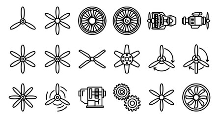 Industrial fan blades and motor icons set line art illustration © Nahid