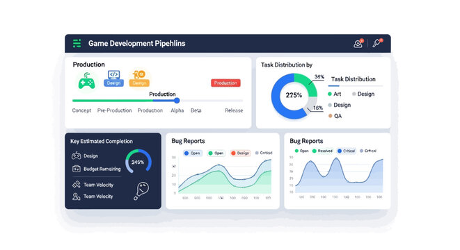 Game development management dashboard interface with project tracking charts and bug reports