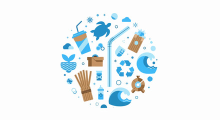 Fototapeta premium Ocean Conservation and Plastic Pollution Flat Icon Circular Concept for Sustainability and Zero Waste Design