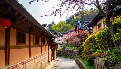 Fototapeta premium Picturesque traditional Korean hanok village street in springtime with blooming cherry blossoms and historic wooden houses