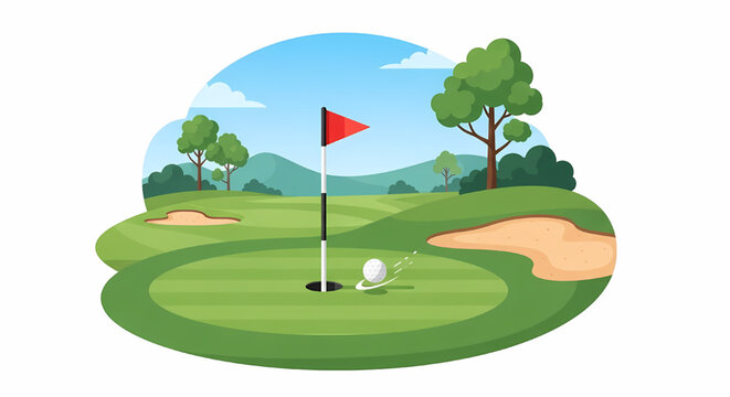 Flat illustration of a golf course with a ball rolling into the hole