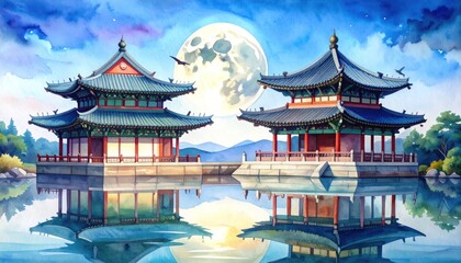 Obraz premium Serene watercolor illustration of traditional Korean pavilions reflecting on calm water under a luminous full moon at twilight