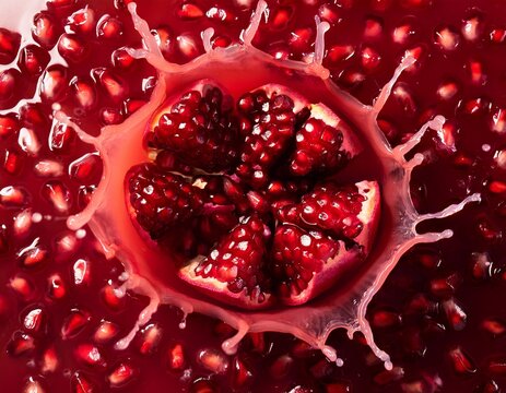 realistic top down view of pomegranate seeds splashing in red juice creating vibrant and dynamic scene