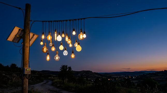 Light bulbs hanging from a solar-powered pole at dusk, illuminating a rural landscape under a starry twilight sky.