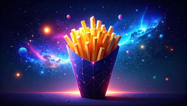 Vibrant cosmic french fries in glowing geometric container against a nebula-filled galaxy backdrop digital art.