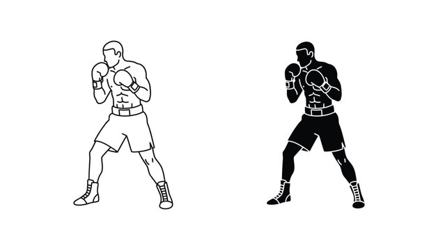 Professional boxer in fighting stance line art and solid black silhouette for sports fitness and martial arts graphics