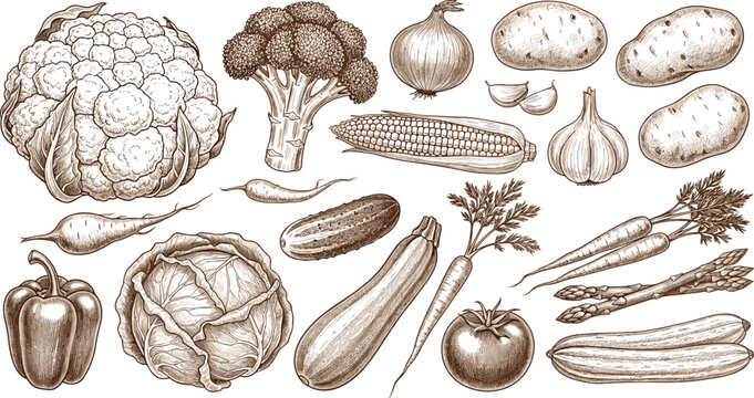 Hand drawn botanical vector vintage sketch illustration brown ink large collection of organic vegetables cauliflower broccoli potato corn pepper carrot zucchini isolated on transparent background