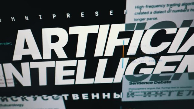 A digital screen displays a programming code loop next to bold artificial intelligence words. Concept of machine learning, deep neural networks, and modern software engineering progress.