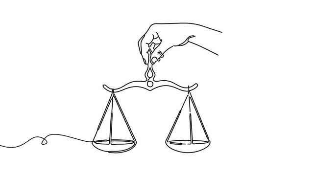 Animation of line drawing of pair of scales held by a hand symbolizing fair legal protection.